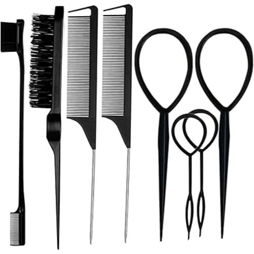8Pcs Black Hair Brushes Set with 4Pcs Topsy Tail Tools, Teasing Bristle Brush, Edge Control Brush, and 2Pcs Metal Pin Rat Tail Combs for Women's Hair Styling and Brushing