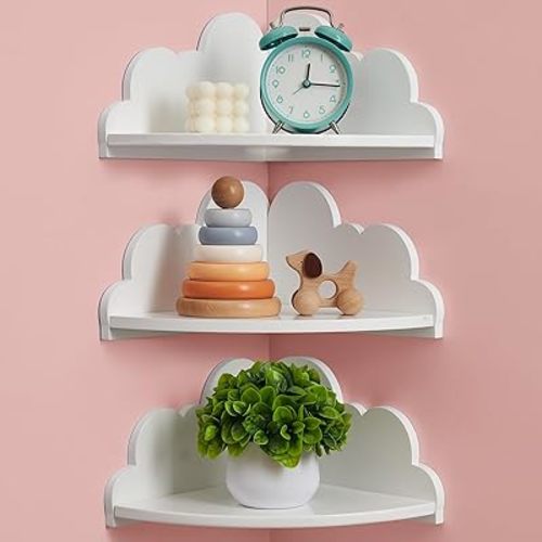Cloud Corner Floating Shelves，Set of 3 White Corner Wall Shelf Floating Wooden Cute Wall Mounted Shelves Clouds Dispaly Shelf for Kid’s Room,Toys, Plants & Storage