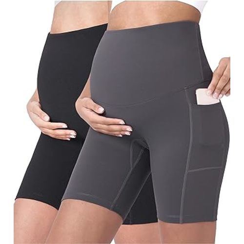 POSHDIVAH Women's Maternity Yoga Shorts Over The Belly Bump Summer Workout Running Active Short Pants with Pockets 5"/8"