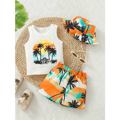 3pcs Newborn Baby Boys' Summer Holiday Coconut Tree & Letter Print Vest, Shorts And Hat Casual Outfit | SHEIN USA