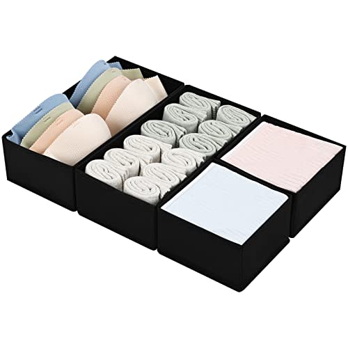 DIMJ Drawer Organizers - Set of 4 Foldable Closet Dividers for Baby Clothes, Socks, Belt, Tie (Black)