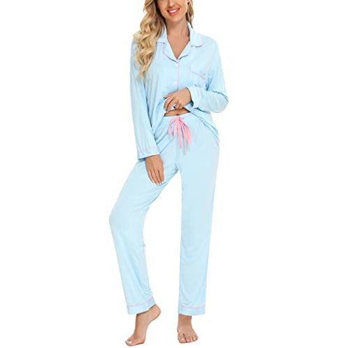 Pjmlifecoco Pajamas Set Long Sleeve Womens Button Down Sleepwear Two Piece Nightwear Soft Pj Lounge Sets S-XXL
