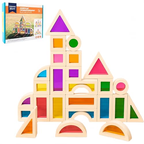 Rainbow Acrylic Blocks, 25 PCS Translucent Light Table Building Set | Montessori Sensory Toys Translucent Colorful Stacking Blocks STEM Learning Educational Toys for Toddlers Preschool Boys Girls