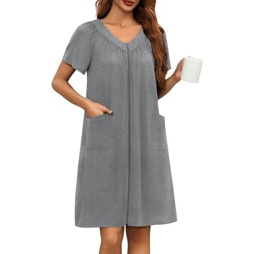 Ekouaer Women's Zipper Front Mumu Duster Robes with Pockets Soft Housecoat