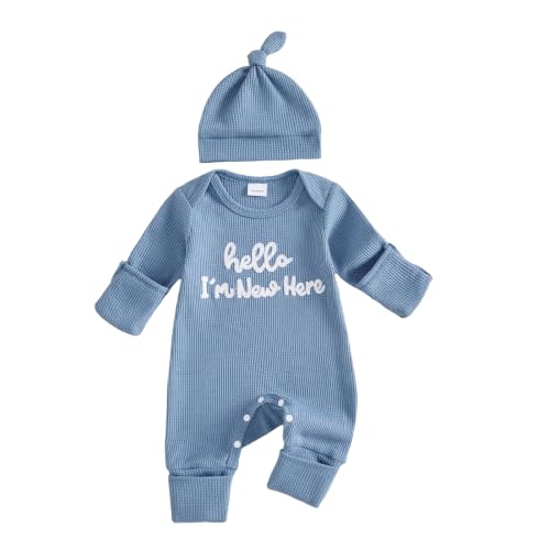 allshope Newborn Baby Boy Fall Outfit Romper Jumpsuit Infant Waffle Clothes | Letter Embroidery Cute Long Sleeve Round Neck Bodysuit Clothing