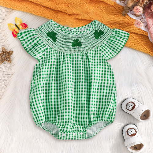WERYOUNG St Patricks Day Baby Girl Outfit Smocked Romper Plaid Bodysuit Cute Toddler Summer Clothes, 3-6 Months
