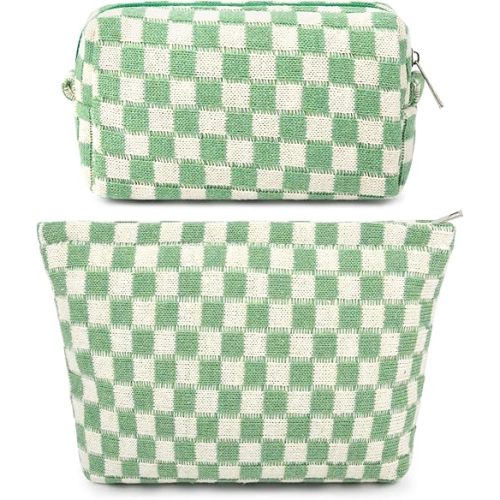SOIDRAM 2 Pcs Checkered Makeup Bag Large Cosmetic Bag Toiletry Bag Makeup Pouch Travel Bag Organizer Cute Makeup Brushes Aesthetic Accessories Storage Bag for Women Green