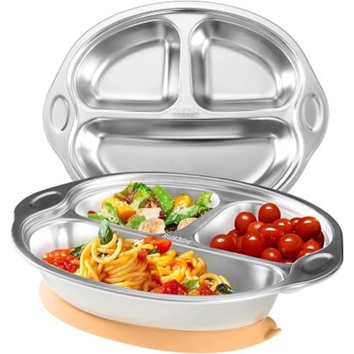 Stainless Steel Baby Suction Plates Divided Plates for Babies and Toddlers, Made of 100% Food-Grade Materials Ideal for Baby-Led Weaning BPA-Free Toddler Feeding Dishwasher Safe Orange-pink