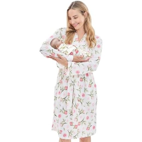V.&GRIN Mommy and Me Robe and Swaddle Set, Maternity Robe and Matching Baby Blanket | Hospital Outfits Labor Delivery