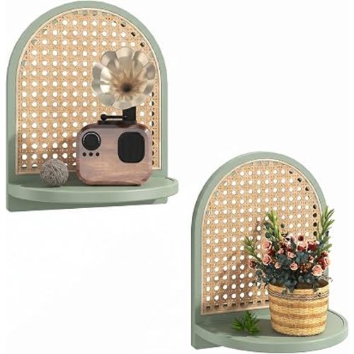 Rattan Shelf Set of 2, 7'' Rattan Shelf with Wicker Decor, Boho Wall Decor Small Floating Shelf for Plant Figurines Display, Mini Shelves for Knick Knack Storage, Green