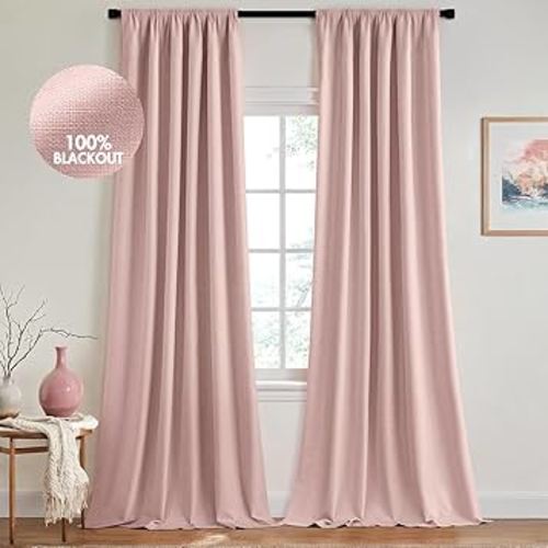 MIULEE 100% Blackout Curtains 84 Inch Long 2 Panels for Bedroom, Thick Luxury Faux Linen Black Out Curtain Room Darkening Back Tab Pleat Window Textured Drapes with Hooks for Living Room, Baby Pink
