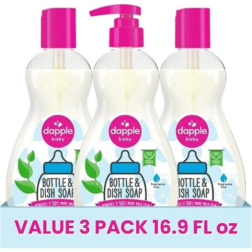 Dapple Baby Fragrance Free Bottle & Dish Soap - (3 Pack) 16.9 fl oz - Cleans Baby Bottles, Sippy Cups, Pacifiers, Breast Pumps, & More - Gently Removes Milk Film & Odors - Includes 1 Pump