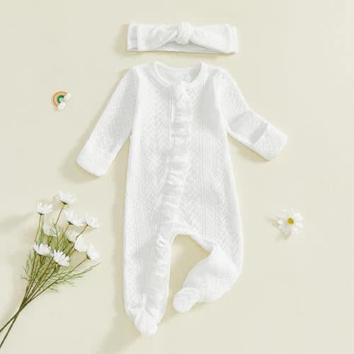 Userdefined Baby Girl Clothes Ruffle Solid Footies Infant Knit Rompers Newborn Zip Up Jumpsuit Cute Girl Four Seasons Outfits