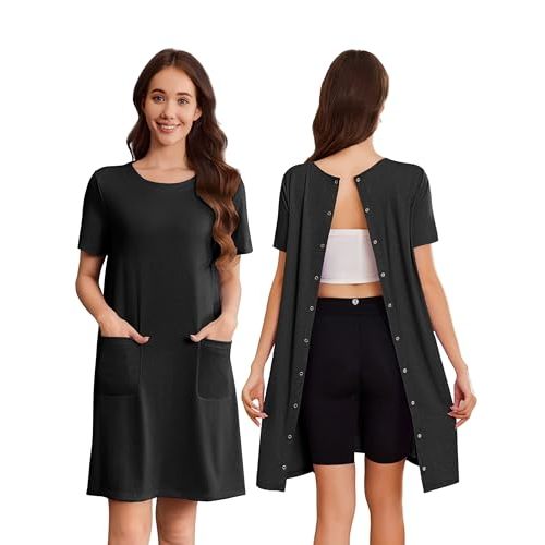 Deyeek Hospital Gowns for Women Open Back Tear Away Snap Nursing Dress Short Sleeve Soft Adaptive Clothing With Pockets