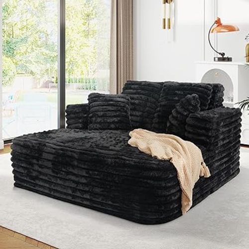 56"W Oversized Chaise Lounge Chair Indoor,Plush Faux Fur Sleeper Sofa Couch Bed with Pillows&Wide Armrest,Fluffy Comfy Cloud Sofa,Compression Foam Boneless Couch for Living Room,Bedroom(Black)