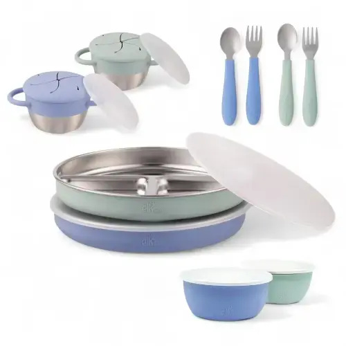 Stainless Steel Mealtime Bundle | Plates, Bowls, Snack Cups + Toddler Utensils | Normal Sleeves | Sage/MistyBlue