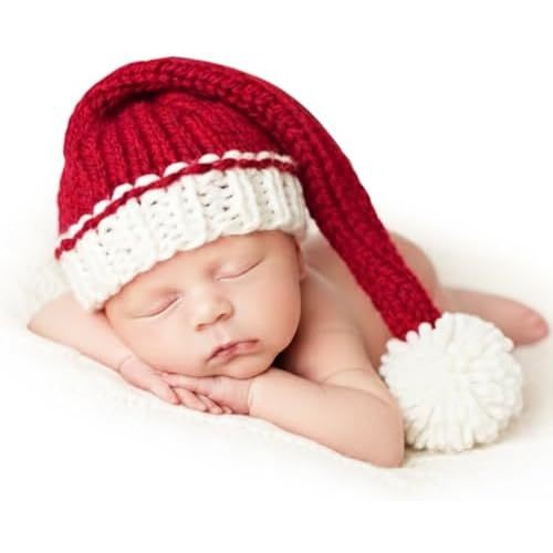 Newborn Christmas Santa Hat Photography Prop Hand-Knit Red & Santa Costume Photo Shoot Outfit
