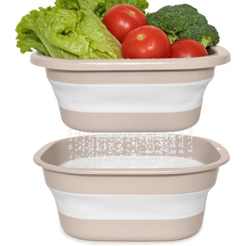 Collapsible Colander and Sink Basin Set - 2 in 1 Collapsible Colander Strainer with Collapsible Wash Basin for Kitchen, RV Camping, Foldable Fruit Vegetable Washing Basket, 8 QT, Blue
