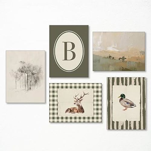 5pcs Nursery Canvas Wall Art, Sage Green Posters for Kids Room, Deer and Duck Animals Picture, Rustic Landscape and Tree Painting, Neutral Baby Bedroom Full B Initial Print 8x12in Unframed