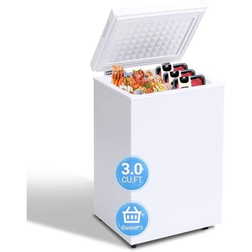 Erivess 3.5 Cu.Ft Chest Freezer - Compact Deep Freezer with Removable Basket, Energy Efficient & Quiet Top Door Design, Mini Freezer Adjustable 7 Thermostat for Home, Apartment, Garage, Dorm (White)