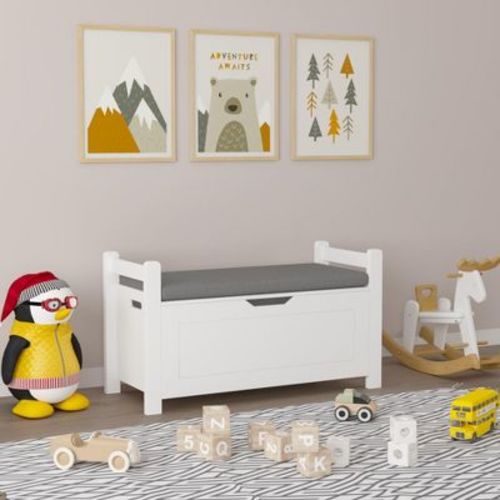 Large Kids Toy Storage Chest with Cushioned Seat Bench, Flip-Top Lid & Safety Hinge - White Organizer Trunk for Boys, Girls, Nursery and Playroom