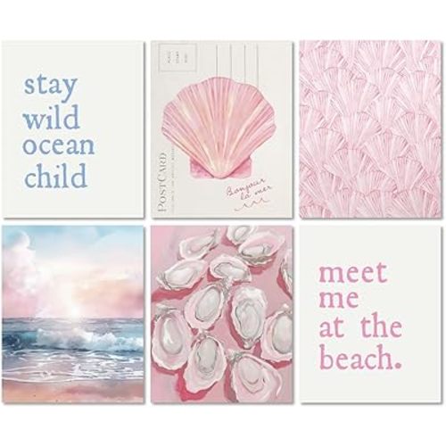 MINI ZOZI Pink Beach Coastal Room Decor Wall Art 8X10 6PCS Beachy Preppy Prints Aesthetic Posters Teen Surfer Girls Granddaughter Summer Bedroom Seashell Decorations Ocean Nursery Cute Home Dorm Poster
