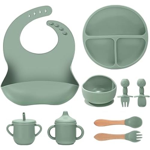 Silicone Baby Feeding Set 9 Pcs, Spill-Proof Suction Plate, Bowl, Bib, Silicone spoon&forks, Wooden Spoons&forks, Training cup with straw and Sippy Cup, Baby Eating Utensils (Green)