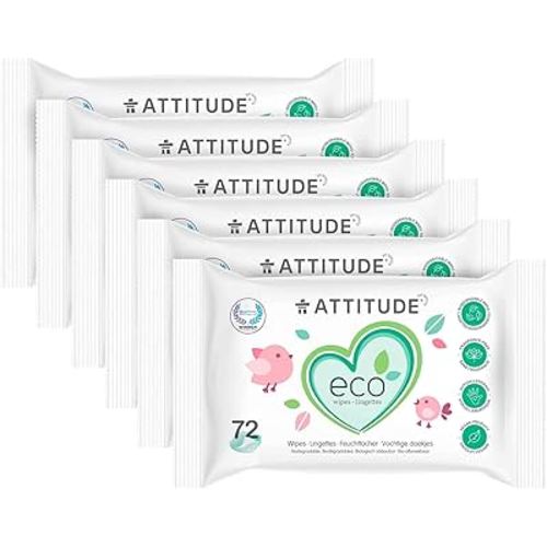 ATTITUDE Biodegradable Baby Wipes, Plant Based Unscented Diaper Wipes for Babies and Newborn, Dermatologically Tested, Vegan, 72 Count (Pack of 6)