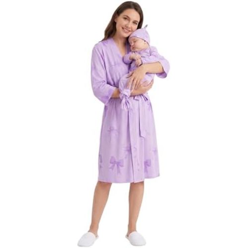 Mommy and Me Robe and Swaddle Set Floral Maternity and Baby Matching Delivery Blanket Headband for Mom Girl Boy 4pcs