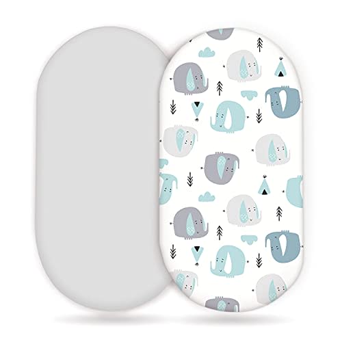 Stretchy Ultra Soft Fitted Bassinet Sheets 2 Pack, Universal Fitted Sheets for Rectangle, Oval, or Hourglass Bassinet Mattresses or Changing Pads, Cute Elephant Baby Sheets for Boy and Girl