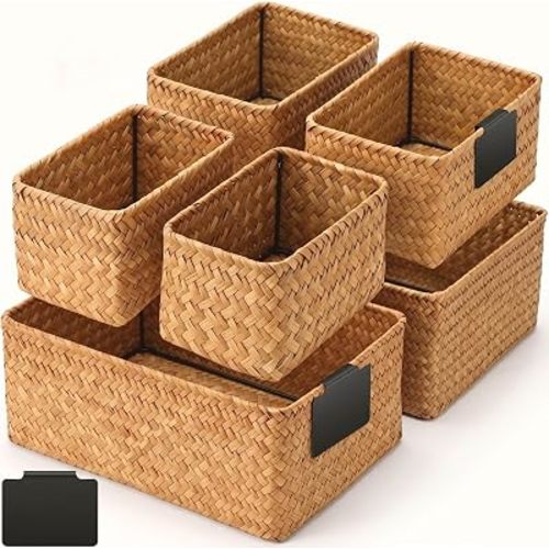Marsui 6 Pcs Wicker Storage Baskets for Pantry Organization with Labels