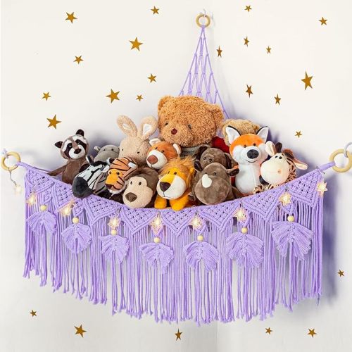 Macrame Stuffed Animal Storage with Star Light, Bear Purple Hammock for Girls Room Decor, Corner Hanging Mesh Organizer Idea for Nursery, Plushies Toy Wall Hanging Display Holder Kid Gift