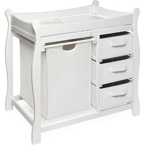 Badger Basket Sleigh-Style Baby Changing Table - Diaper Changing Station with 3 Storage Baskets - Nursery Organizer with Hamper, Changing Pad, Safety Rails - White