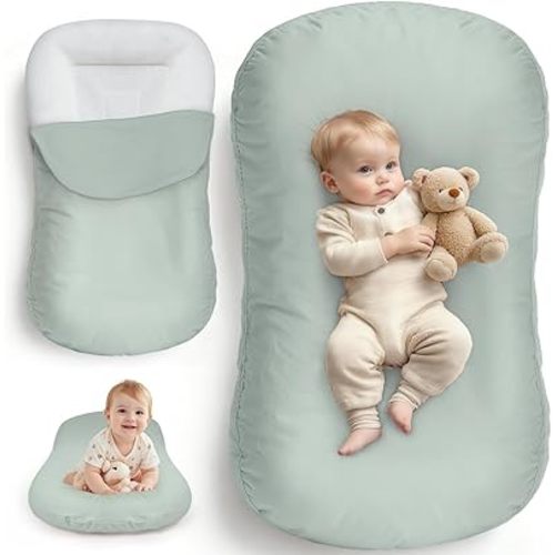 Newborn Baby Lounger & Baby Nest – Essential Baby Registry Gift – XL Portable Infant Floor Cushion for Tummy Time Support – Machine Washable Cotton Cover (CPC Certified)