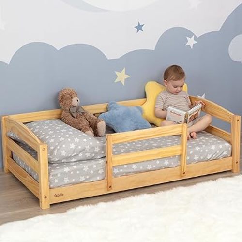 Low Montessori Floor Bed Frame for Kids | Standard Crib Size Wooden Frame for Independent Toddlers 1-3 - Varnished