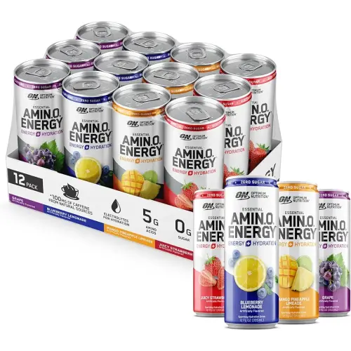 Optimum Nutrition Amino Energy Sparkling Hydration Drink, Electrolytes, Caffeine, Amino Acids, BCAAs, Sugar Free, 12 Fl Oz, Variety Pack of 12 (Packaging May Vary)