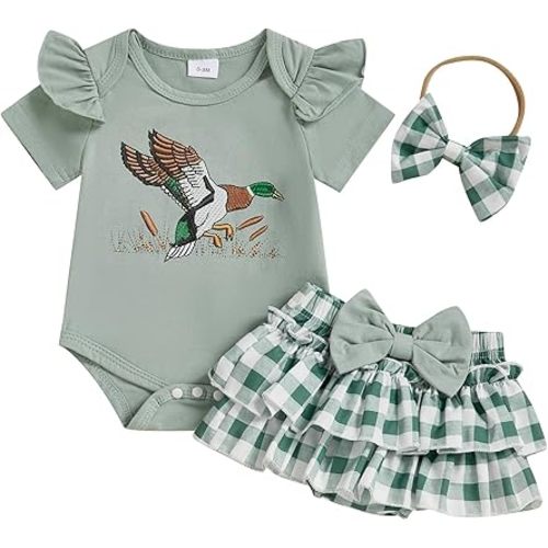 Hunting Baby Girl Clothes Mallard Duck Embroidery Short Sleeve Romper Ruffle Tutu Shorts Set Newborn Summer Outfit