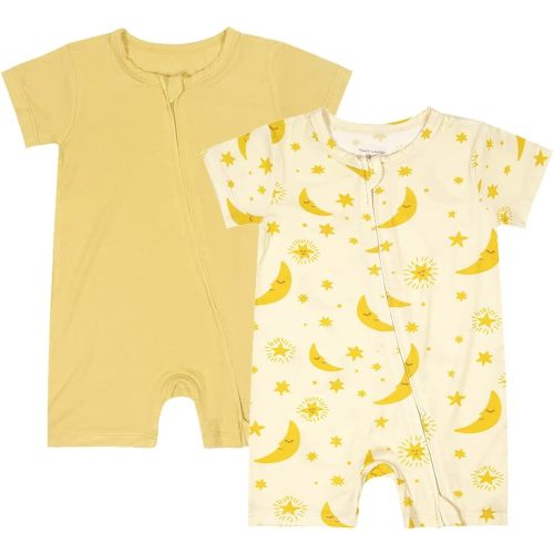 Teach Leanbh Baby Boys Girls 2 Pack Bamboo Viscose Pajamas 2 Way Zipper Short Sleeve Romper Jumpsuit Sleep and Play (as1, age, 6_months, Yellow/Star moon)