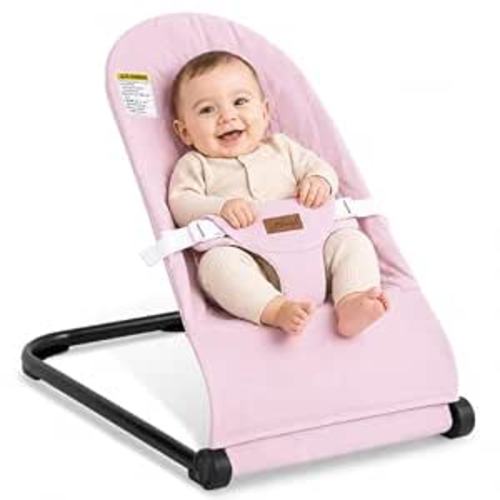 Baby Bouncer,Baby Bouncer Seat,Portable Infant Bouncer with 3-Point Safety Harness,Ergonomic Bouncy seat, Bouncer for Babies 0-6 Months up to 20lbs (Pink)