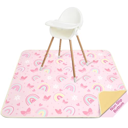 Basumee Splat Mat High Chair Mat Waterproof Baby Play Splat Mat for Under High Chair Food Catcher Highchair Mat for Floor Non Slip Bottom, Pink Rainbow, 46x42 Inches