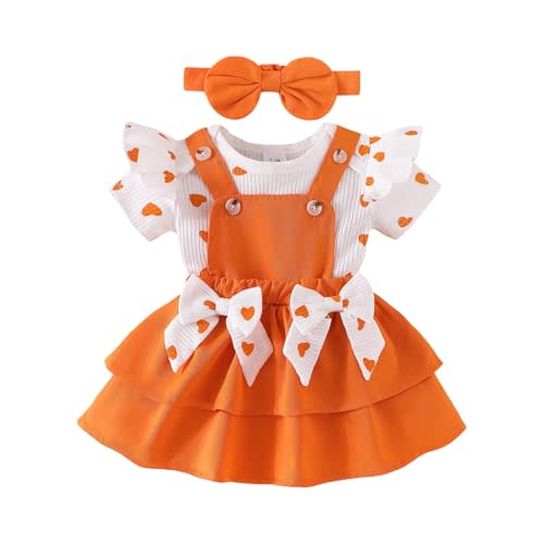 FOCUTEBB Baby Girl Clothes Newborn Romper Love Heart Print Short Sleeved Ruffled Bow Skirt Headband Outfits Set 0-18 Months