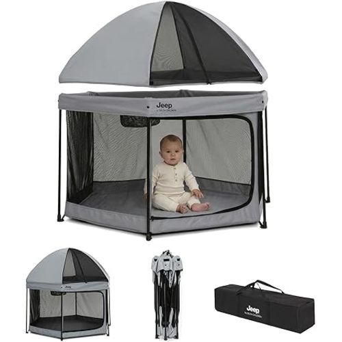 Jeep Hexagon Pop Up Play Yard with Removable Canopy | Ideal for Indoor and Outdoor Use, Grey