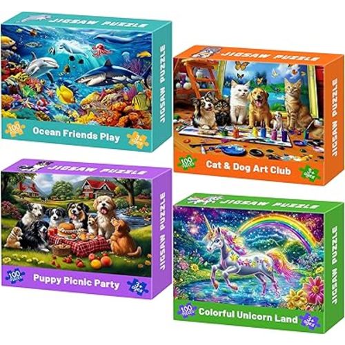 100 Piece Puzzles for Kids Ages 4-6, 4 in 1 Jigsaw Puzzles for Kids Ages 6-8, Sea World Cats Dogs Unicorn Learning Educational Children Puzzles 5-8 for Boys and Girls