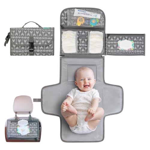 Kopi Baby Portable Diaper Changing Pad, Wipes Pocket, Premium Grey Arrows | 22-In Waterproof Pad, Reversible Wipes Pocket, 1 Zipper Pocket, 2 Large Pockets, Extra Inner Pocket, Built-In Pillow, Straps