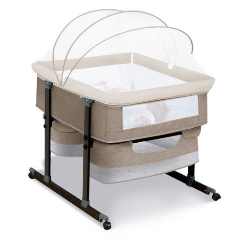 Isabelle & Max™ Twin Bassinet For 2 Babies - Double Bassinet For Twins With Music Toys, Mosquito Net & Storage Basket Portable Foldable Bedside Sleeper For Newborns, Khaki | Wayfair