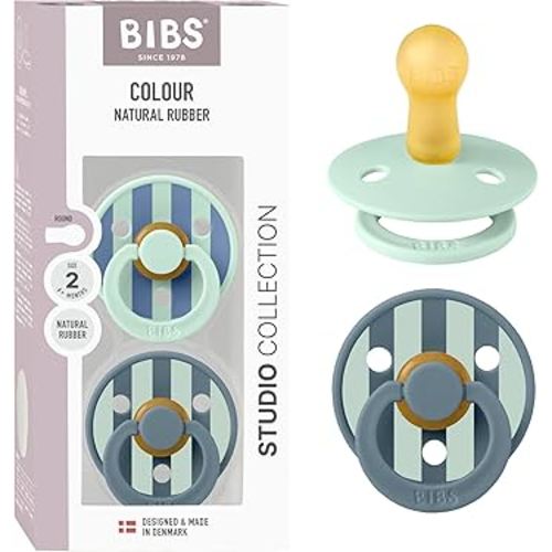 BIBS Pacifiers - Studio 2 Pack | Round Nipple Baby Pacifier | BPA Free Natural Rubber Latex Soother | Made in Denmark | Size 6+ Months | Block Nordic Mint Petrol