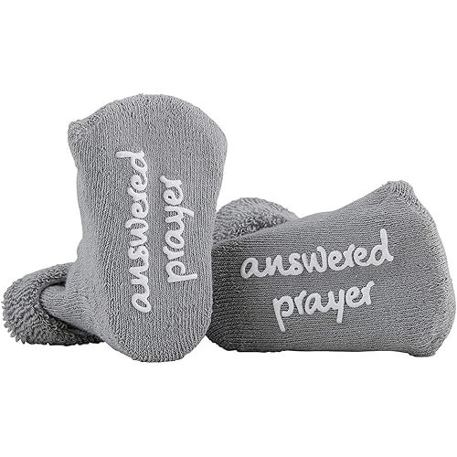 Stephan Baby Non-Skid Gray Socks with Inspirational Phrases, Answered Prayer, Fits 3-12 Months