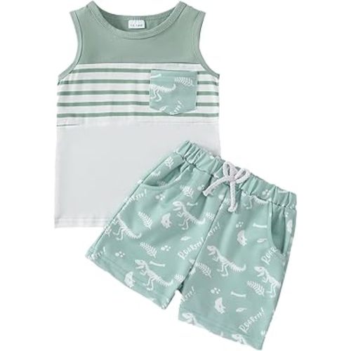 Toddler Baby Boy Clothes Boys Summer Outfits Sleeveless Striped Dinosaur T-Shirt & Shorts Set 2Pcs