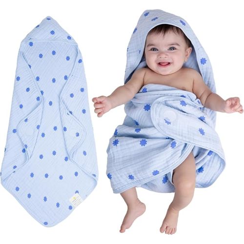 NINTARABABY Hands-Free Hooded Towel - 100% Organic Premium Muslin Cotton, 30" x 30", Ultra-Absorbent, Soft, Breathable, Hypoallergenic, Multipurpose, Gifts for Babies & Infants