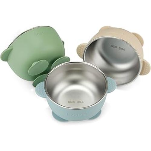PandaEar 3 Pack Stainless Steel Baby Suction Bowls, Non-Slip Child Food Bowl with Silicone Sleeve for Kids Toddlers Infants, Unbreakable & Mess Free (Blue Green Brown)